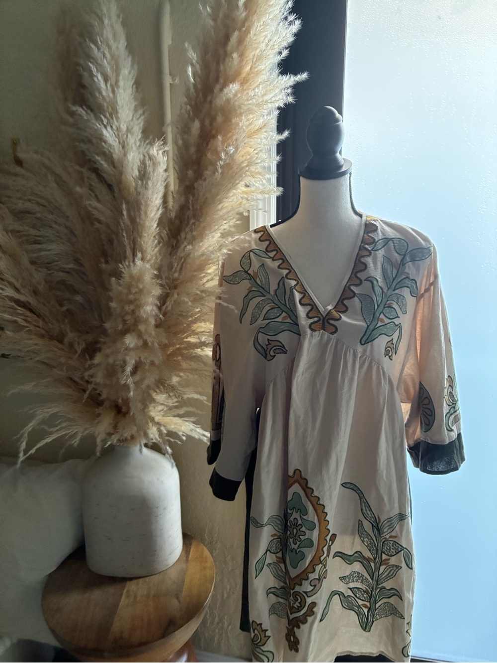 Bohemian Cream Floral Embroidered V-Neck Dress